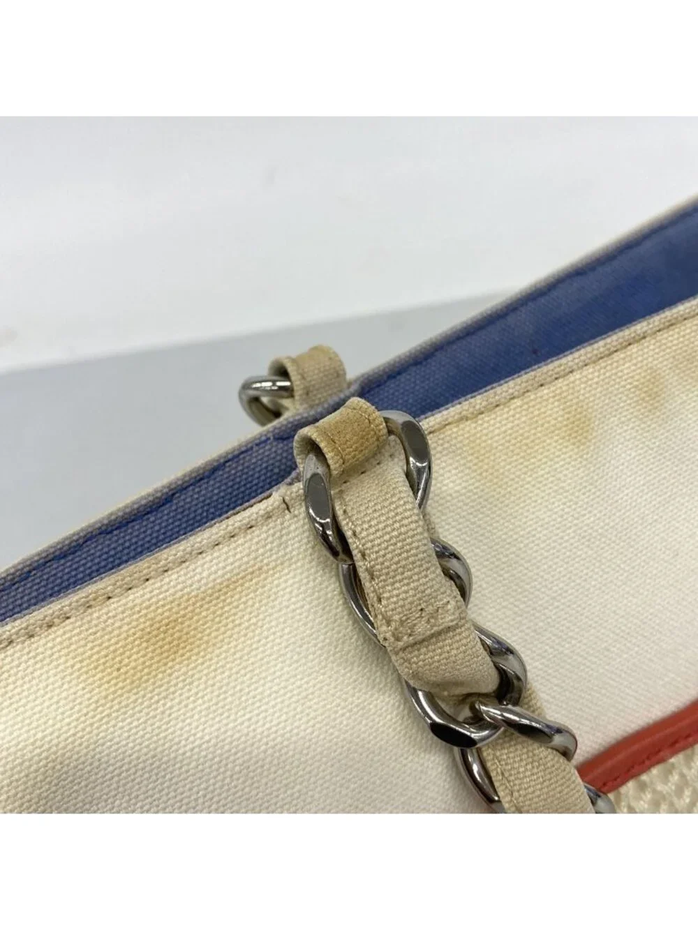 Chanel Chain Tote Bag Canvas White Blue Silver